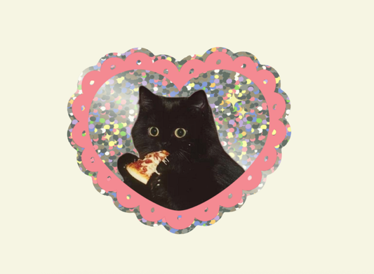 Heart-shaped glitter vinyl sticker with black cat holding pizza slice