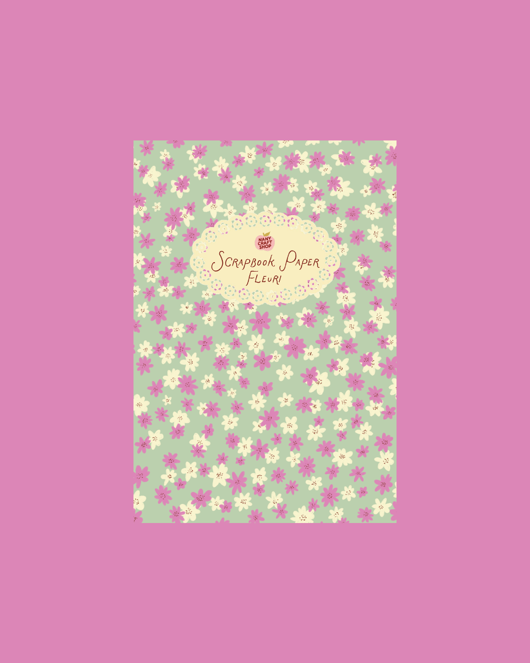 Scrapbook paper sheet with small pink, white, and purple floral pattern and central label