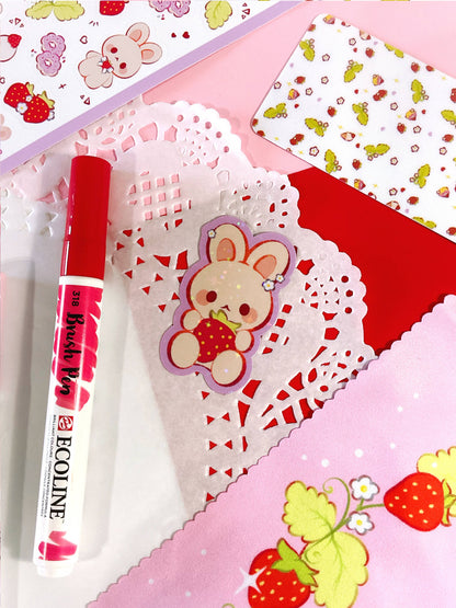 Set of die-cut holographic stickers with bear-and-strawberry design on lace scallop