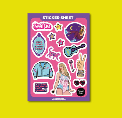A5 sticker sheet featuring Swifie: cat, guitar, stars, heart and glasses-style stickers