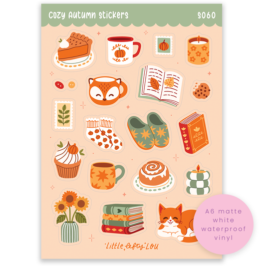 A6 matte white waterproof vinyl sticker sheet with cozy autumn icons and cat illustration