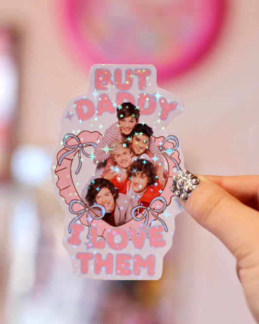 One Direction sticker: But Daddy I Love Them, iridescent pink-purple bow frame photo