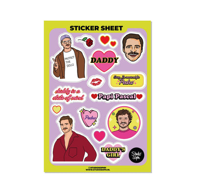 A5 sticker sheet featuring Daddy and Papi Pascal face stickers, hearts, and kiss icons