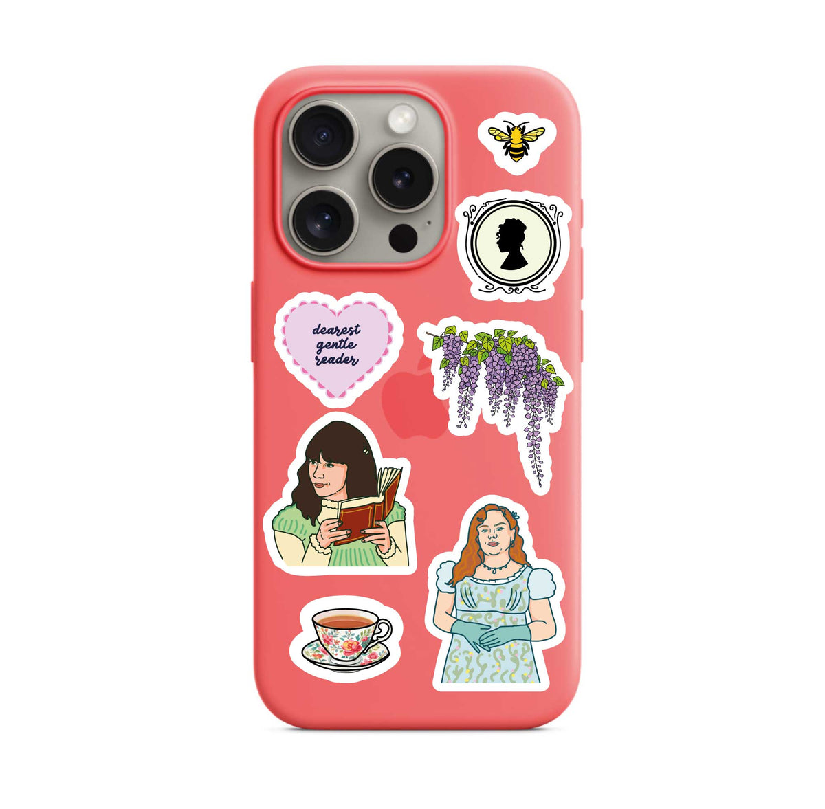 A5 sticker sheet shown on pink phone case with character and heart icons