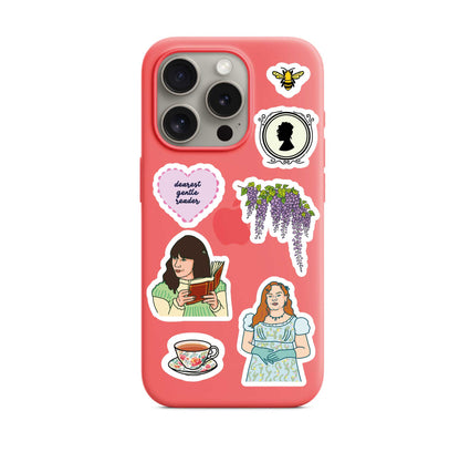 A5 sticker sheet shown on pink phone case with character and heart icons
