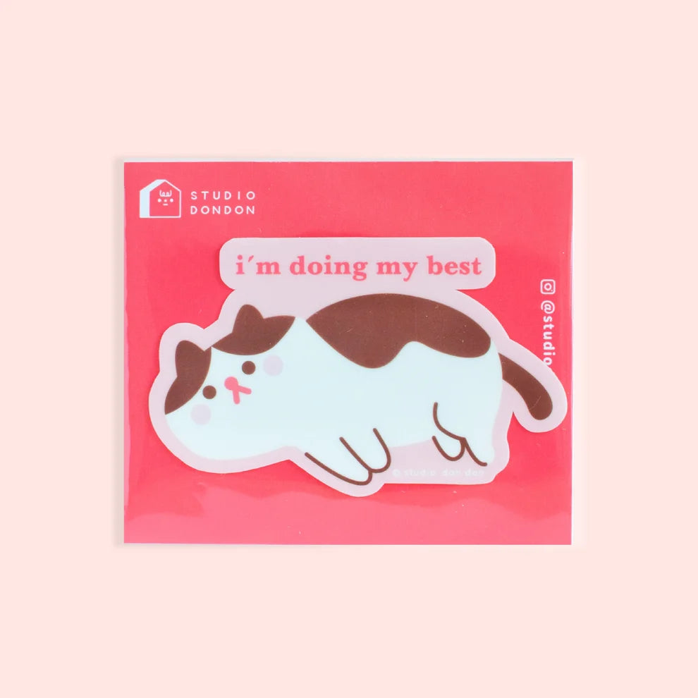 Vinyl sticker with cartoon pet and 'I'm doing my best' text, die-cut