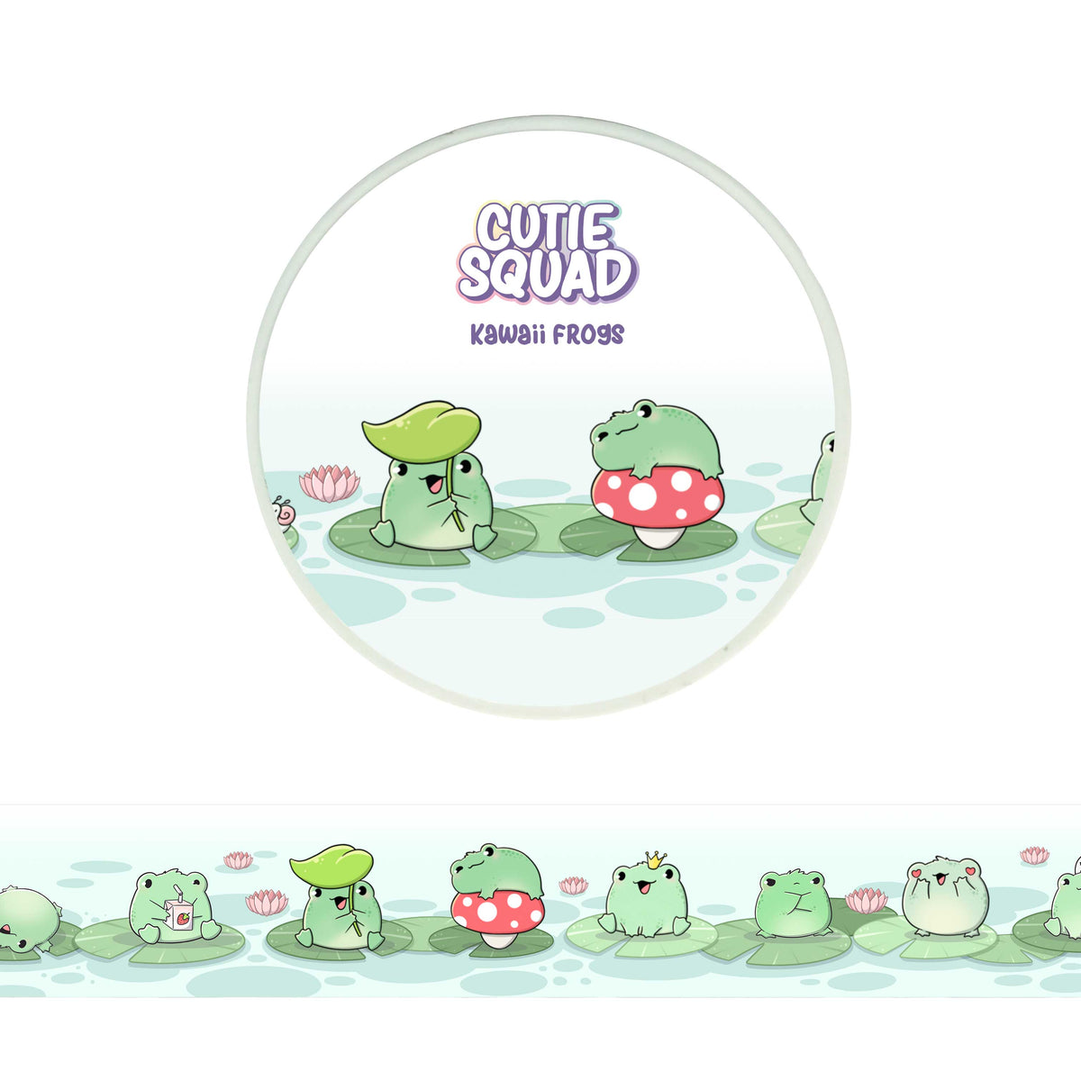 Frog washi tape roll with cute green cartoon frogs and red mushroom accents