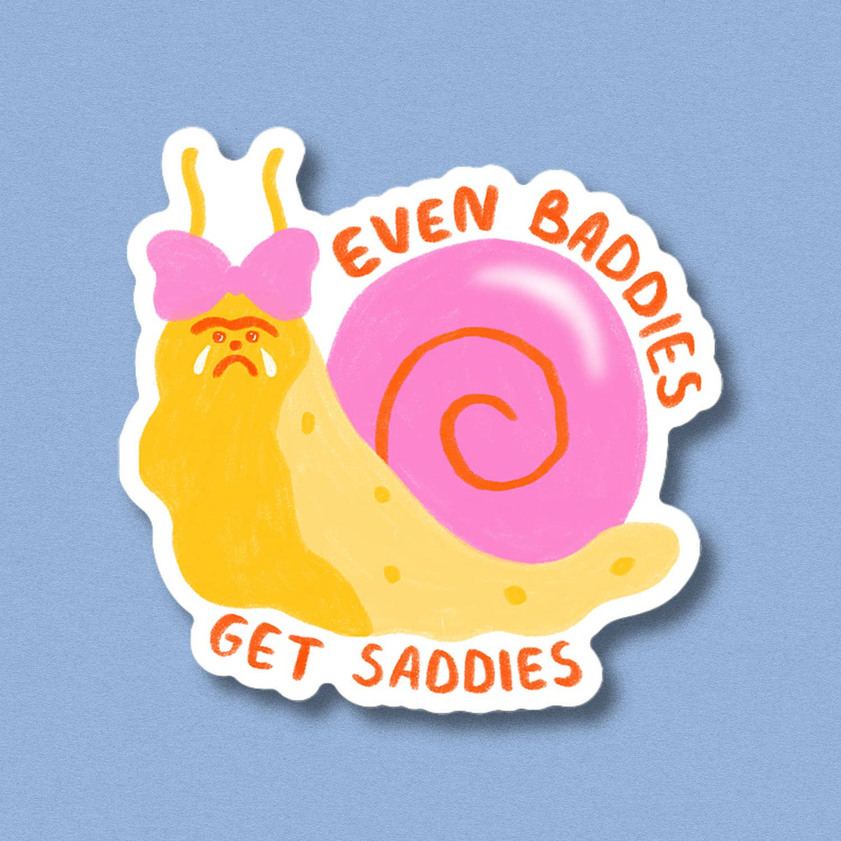 Baddies sticker with yellow cartoon dog, pink swirl, and text “EVEN BADDiES”