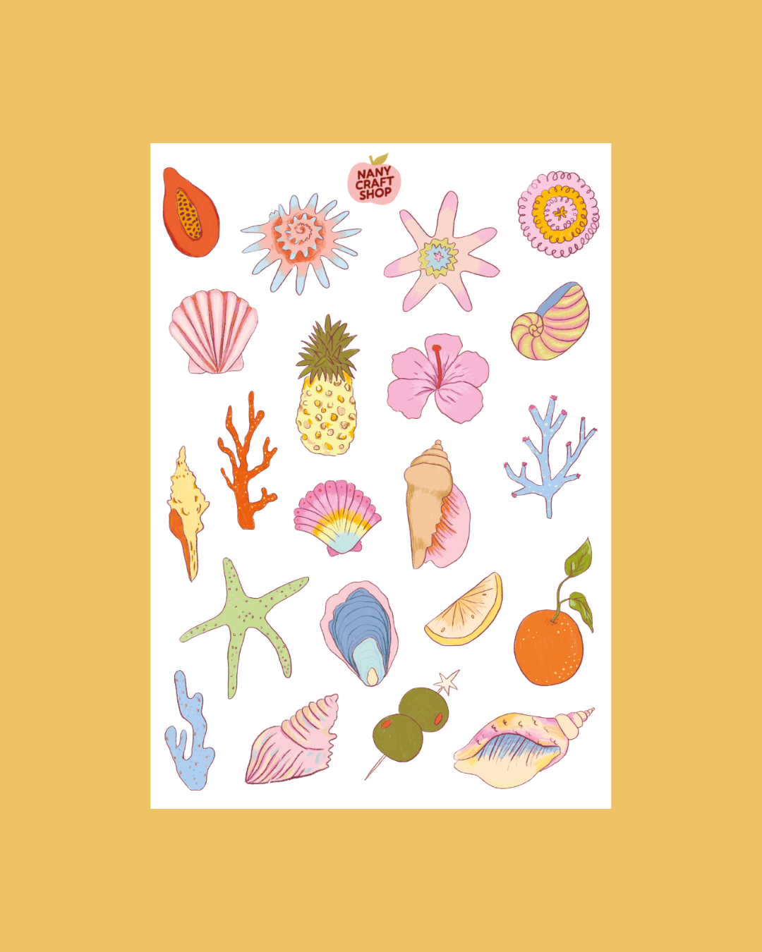 A5 sticker sheet with seashell, starfish, pineapple, coral and flower stickers