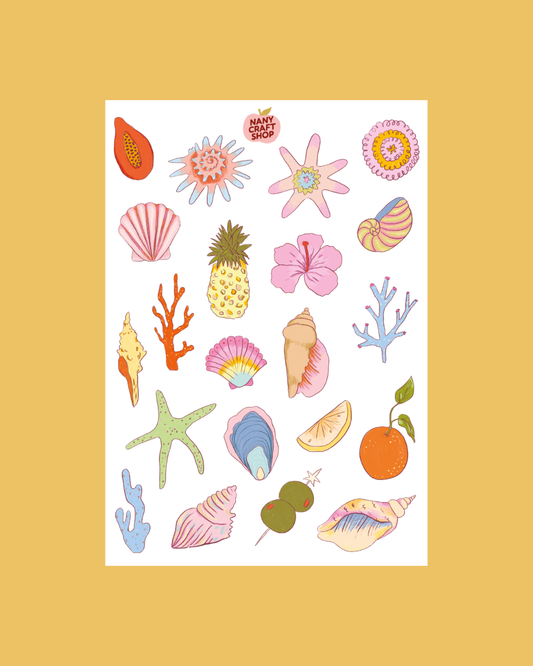A5 sticker sheet with seashell, starfish, pineapple, coral and flower stickers