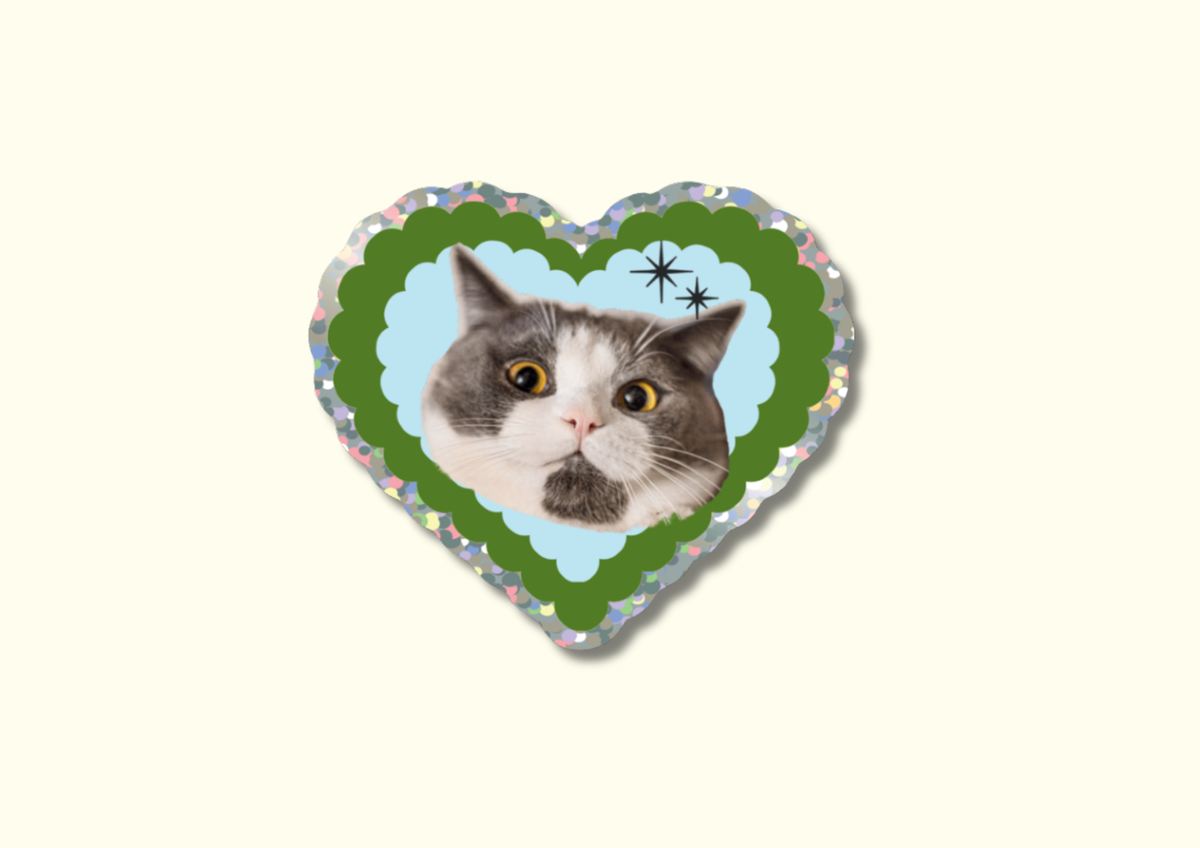 Cat face glitter heart sticker with colorful scalloped border