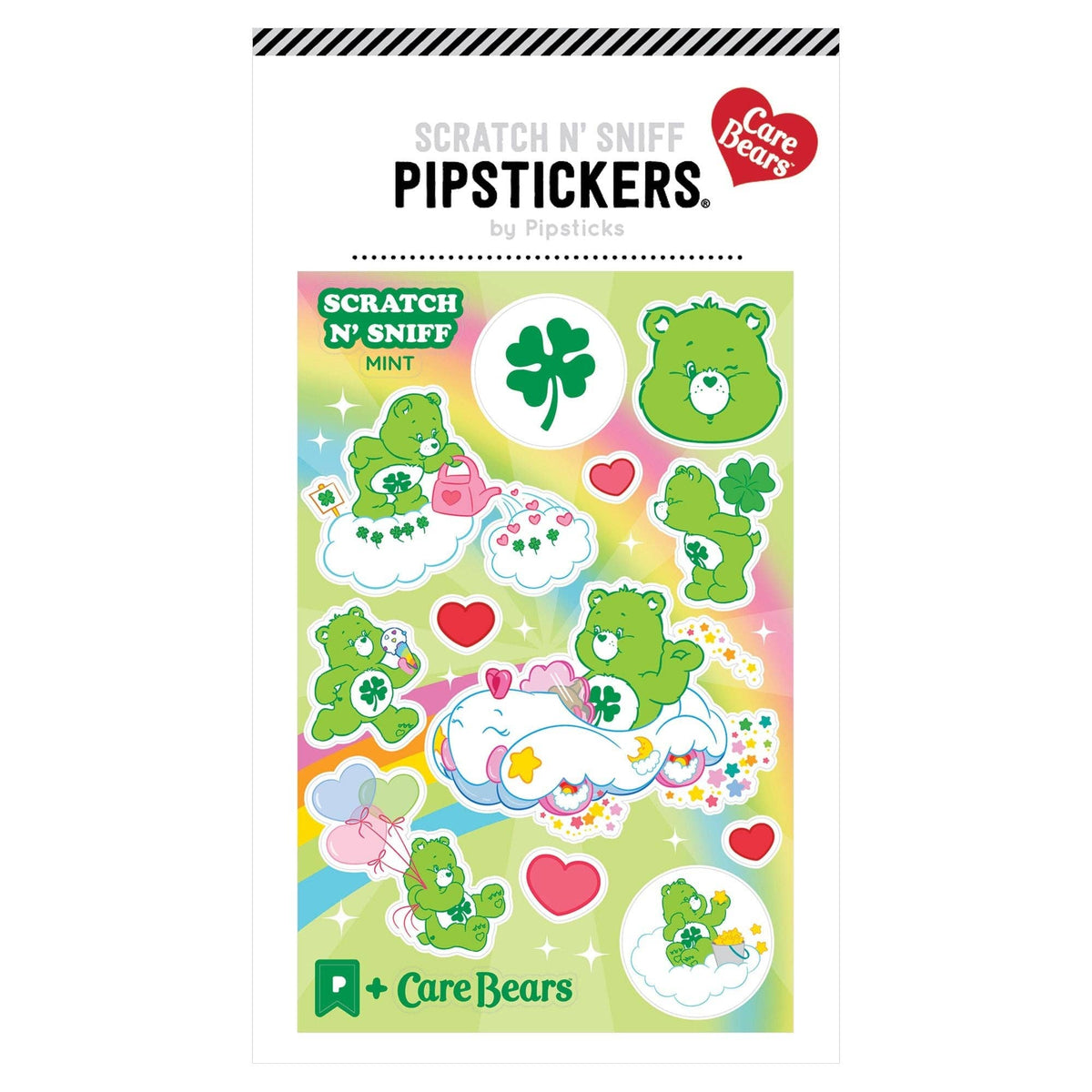 Scratch 'n Sniff sticker sheet with green bear and clover designs