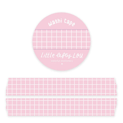 Pink grid washi tape roll with wide strip and crosshatch pattern