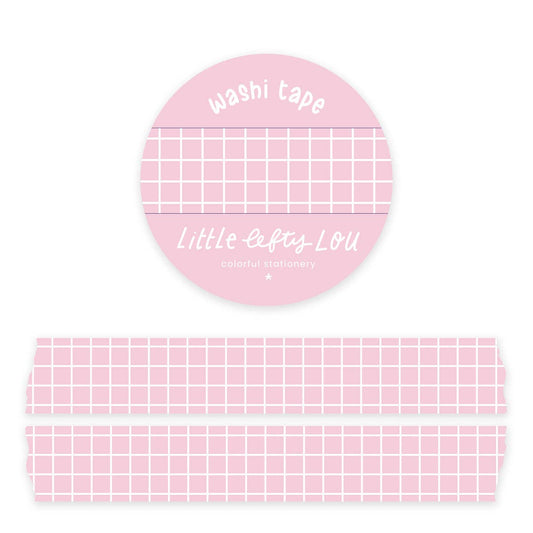 Pink grid washi tape roll with wide strip and crosshatch pattern