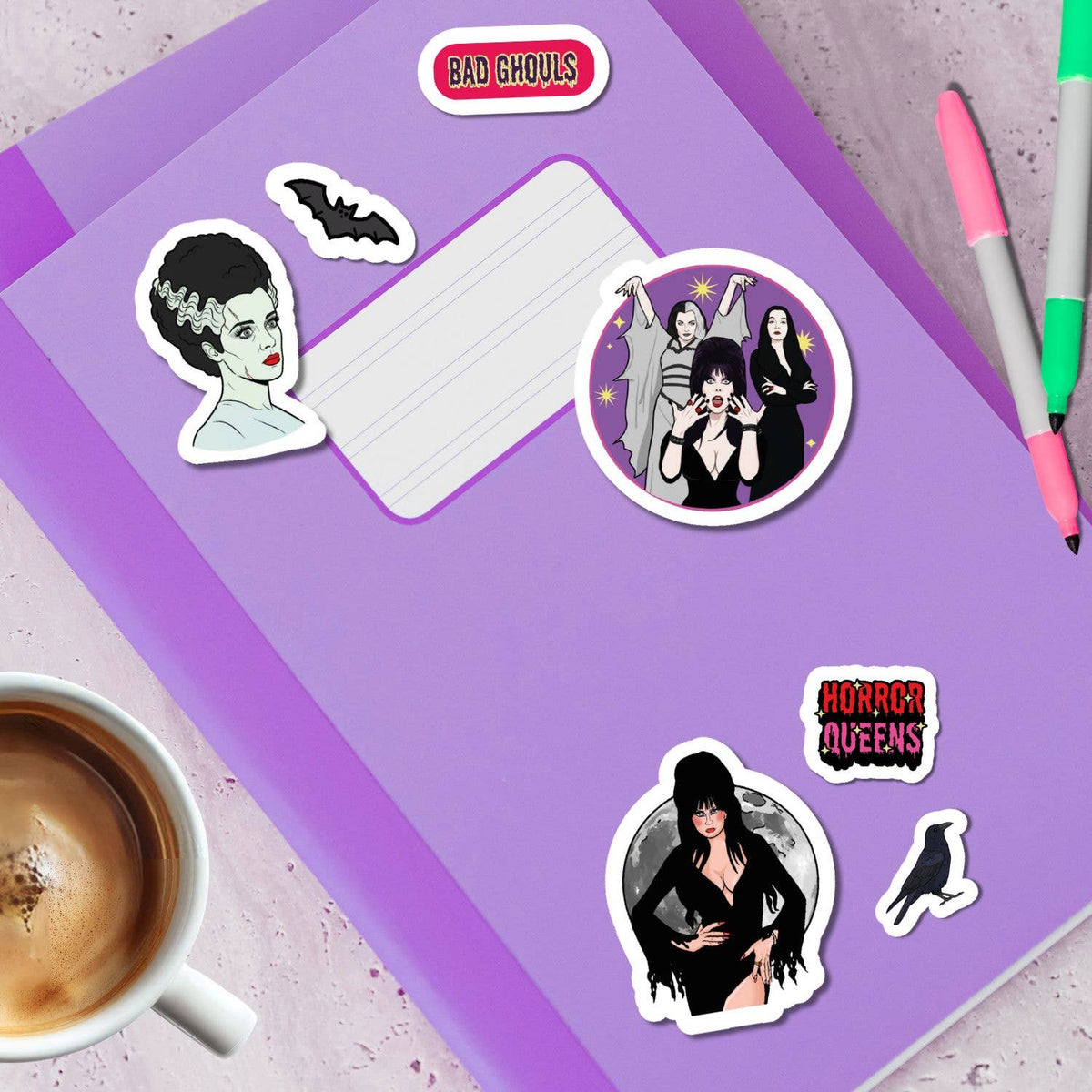 Purple sticker sheet showing Horror Queens and Bad Ghoulies character stickers