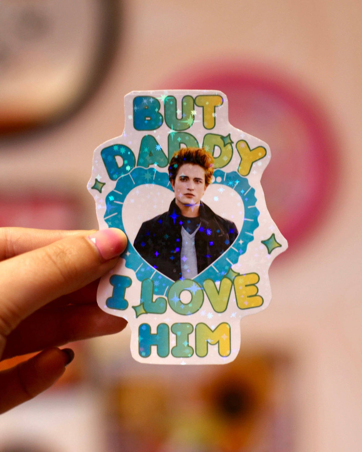 Die-cut blue heart sticker with Edward Cullen portrait and text 'DADDY I LOVE HIM'