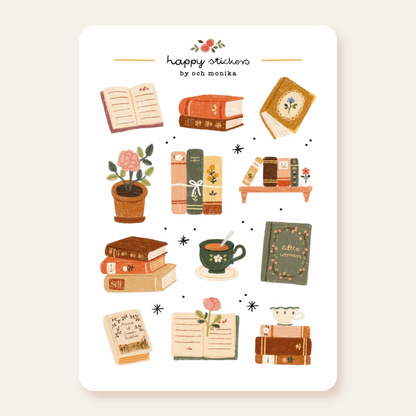 Bookish sticker sheet with assorted book, pot, and floral illustrations