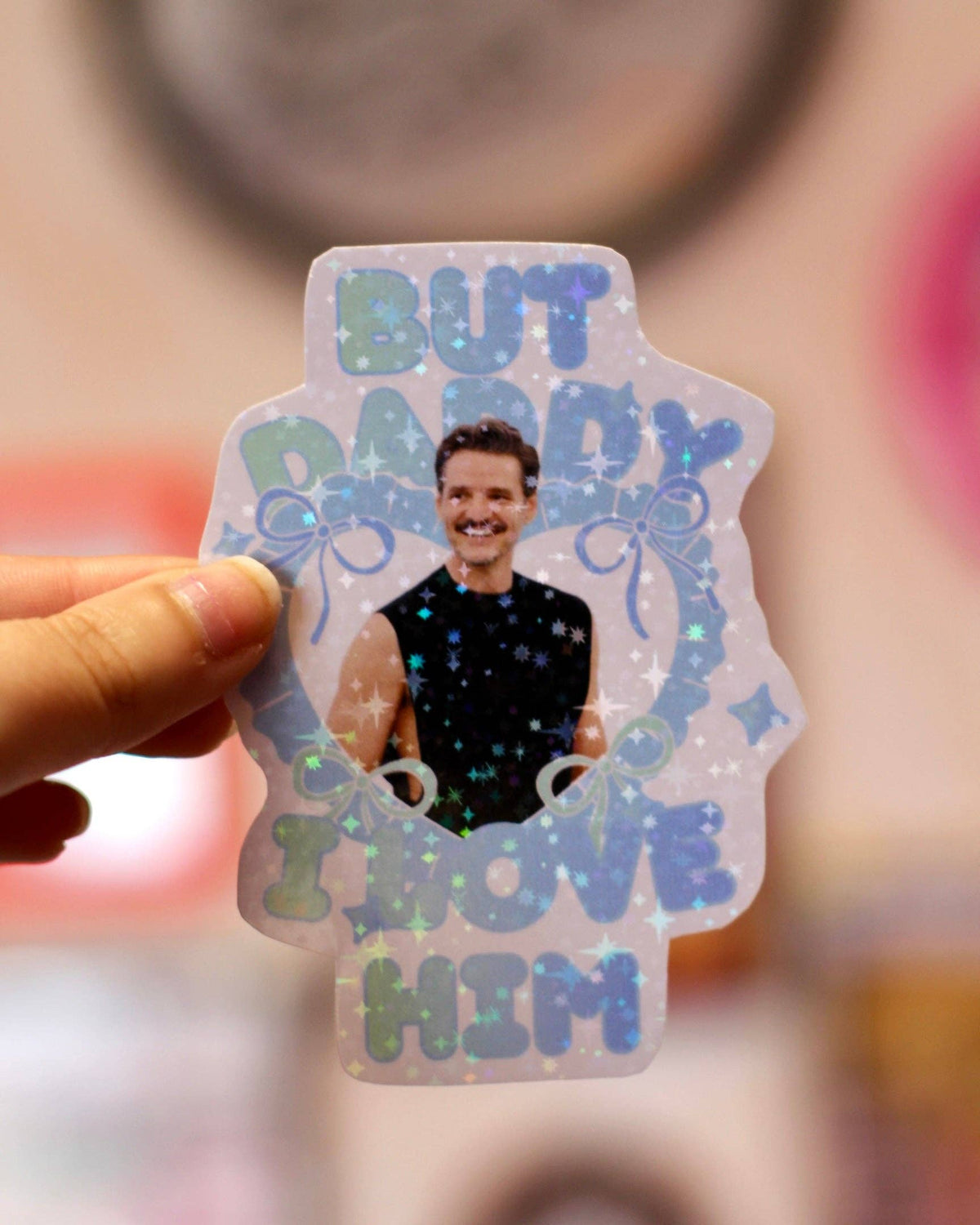 Clear sticker with blue “DADDY I LOVE HIM” text and centered man photo