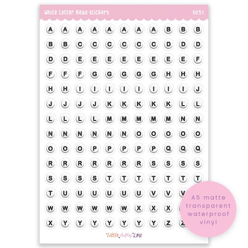 A5 sheet of white letter bead stickers; uppercase and lowercase letters, waterproof