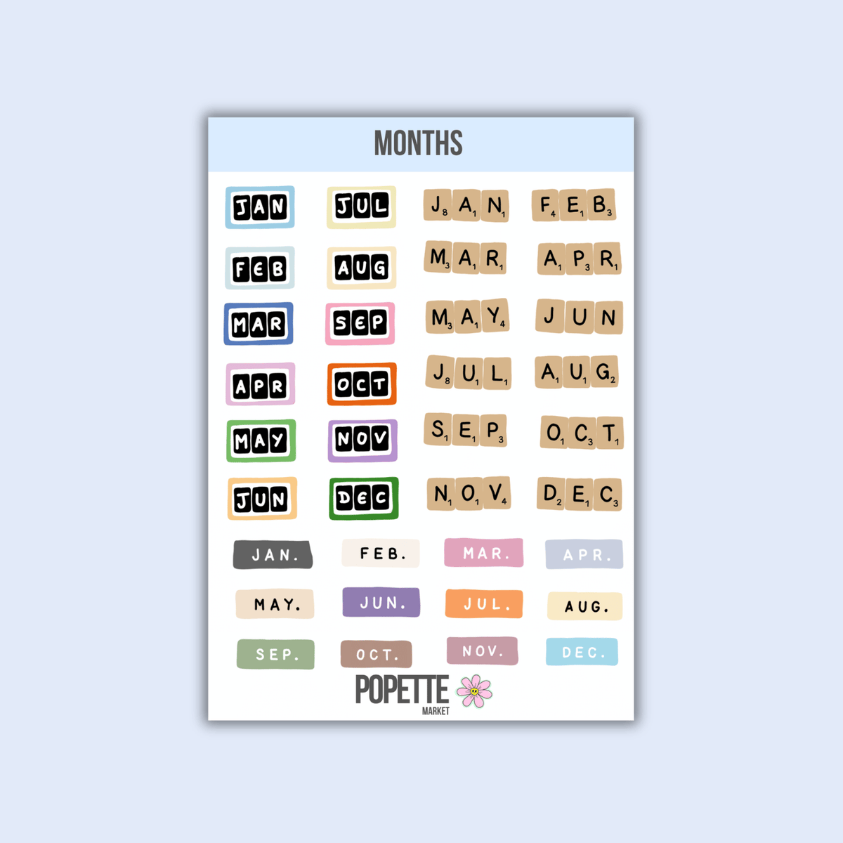 A5 months sticker sheet with colorful month abbreviations and POPETTE flower logo