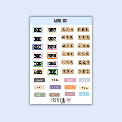 A5 months sticker sheet with colorful month abbreviations and POPETTE flower logo