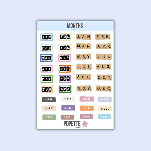 A5 months sticker sheet with colorful month abbreviations and POPETTE flower logo