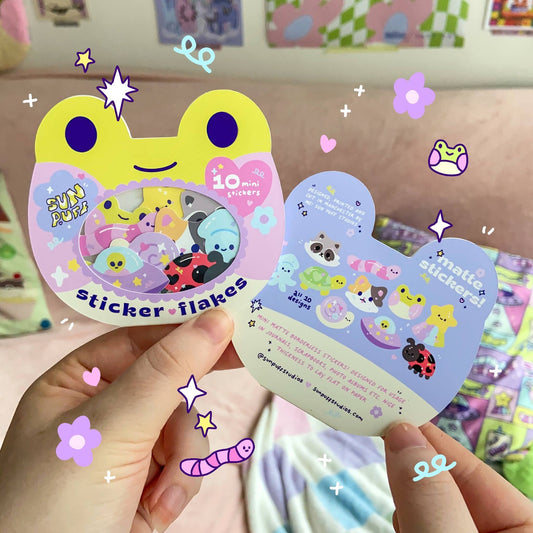 Frog sticker flakes sheet with colorful character stickers on heart-shaped cards