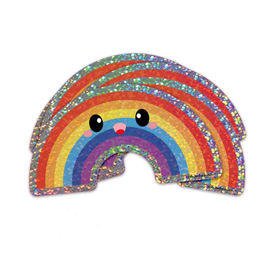 Rainbow glitter vinyl sticker with rainbow arch and cute bear face, multicolor glitter