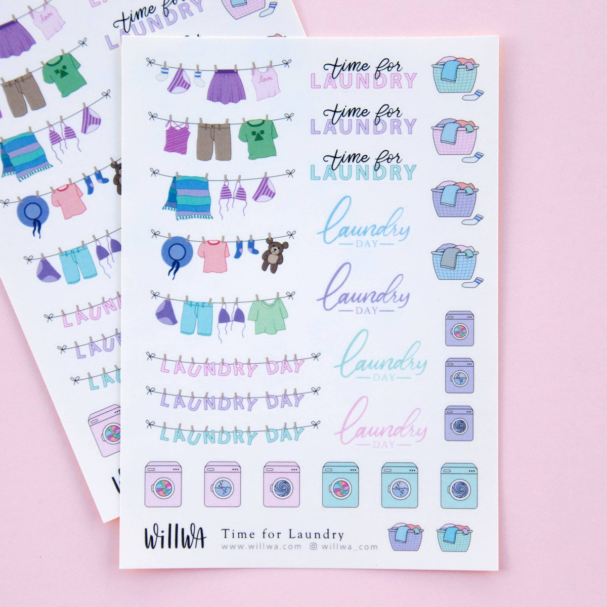 Laundry sticker sheet with colorful clothes, washing icons, and laundry day text