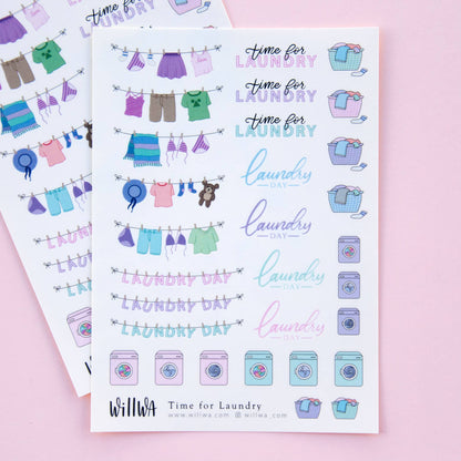 Laundry sticker sheet with colorful clothes, washing icons, and laundry day text