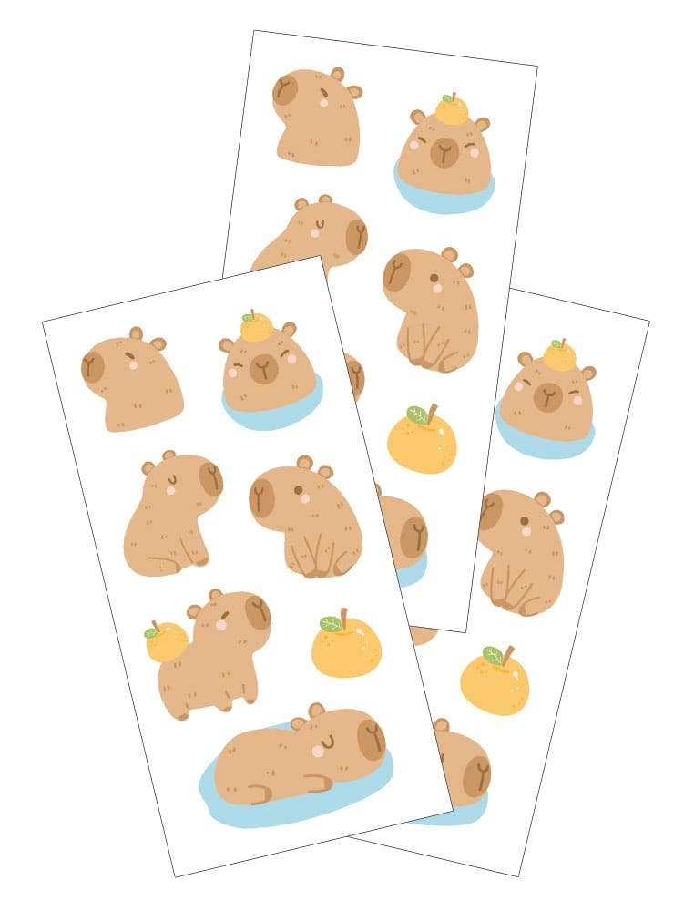 Set of capybara sticker sheets with cute capybara and fruit drink stickers