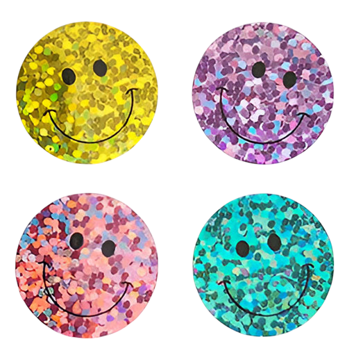 Four round sequin smiley face stickers: yellow, purple, pink, and teal
