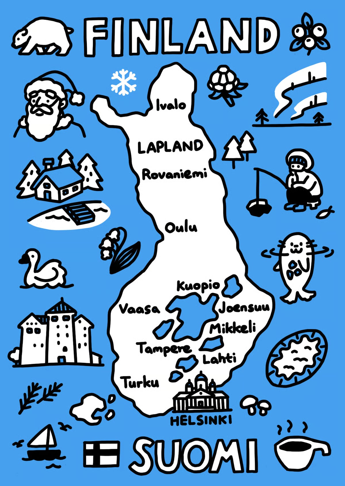 Finland vinyl sticker with map, icons, and text “FINLAND” and “SUOMI”