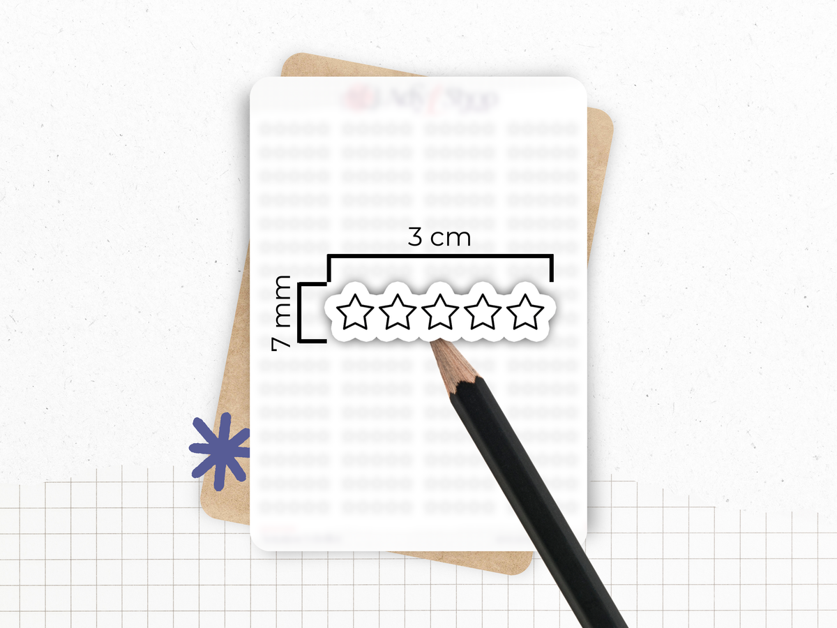 Five-star rating stickers with size markers (7 cm and 3 cm) and pen