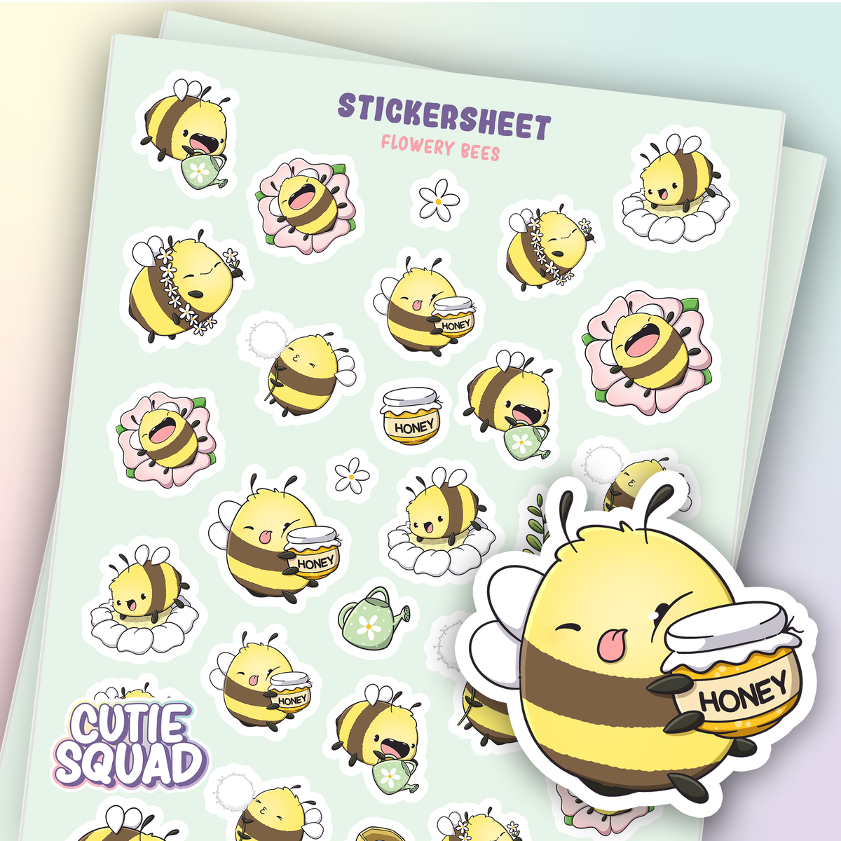 Flowery bee sticker sheet with cute cartoon bees, flowers, and honey jars