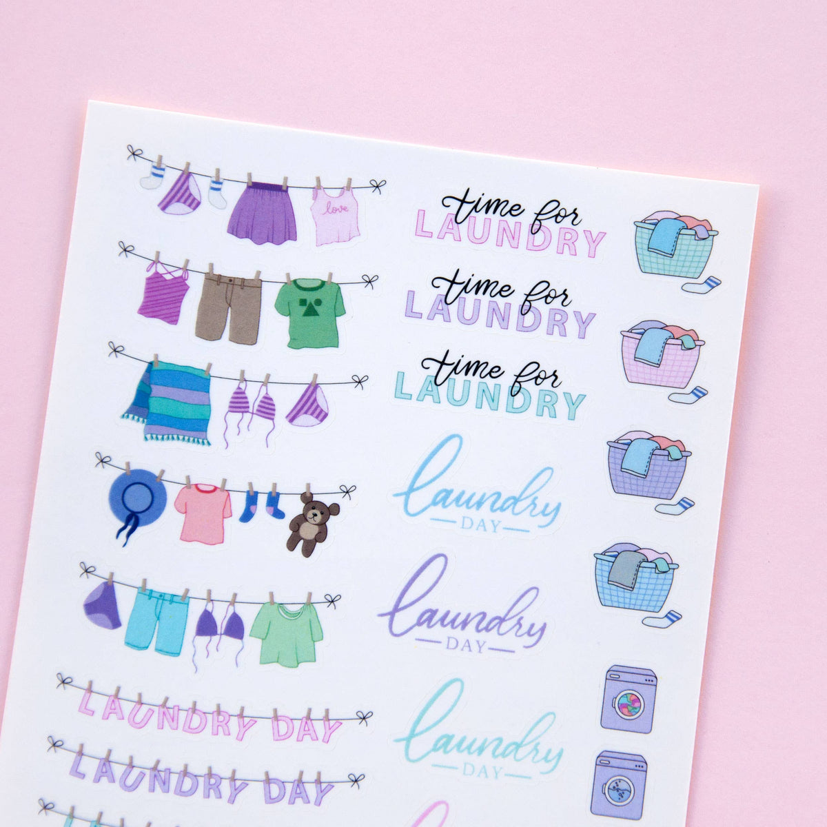 Laundry sticker sheet showing clothesline, laundry day lettering, and washing machine icons