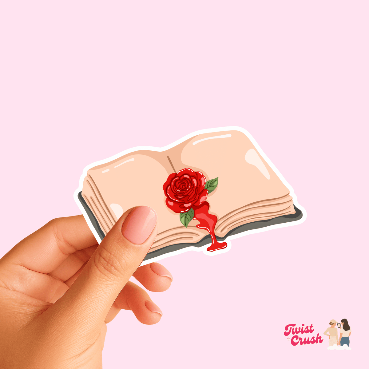 Open book sticker with red rose and green leaves, white outline