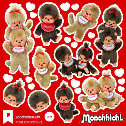 Assorted Monchhichi character die-cut sticker pack, multiple poses and outfits