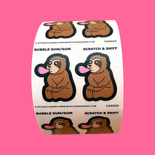 Scratch-and-sniff sticker roll with bubble gum sloth cartoons, set of four on beige