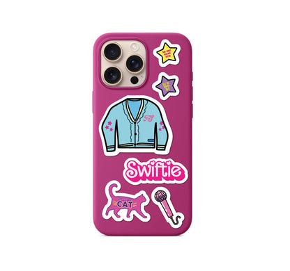 Phone with Swifie cat and guitar sticker decals on purple sticker sheet design