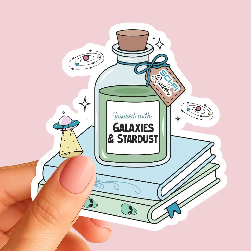 Vinyl sticker of a jar labeled 'GALAXIES & STARDUST' with stars