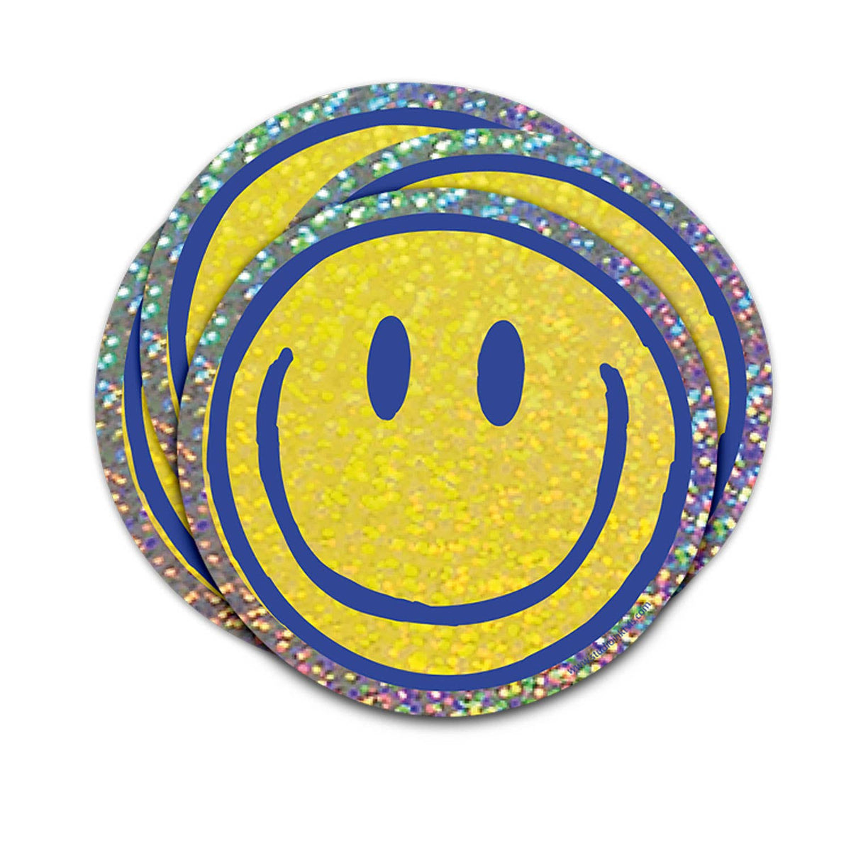 Smiley vinyl stickers (2): yellow faces, blue outlines, glitter rainbow borders.