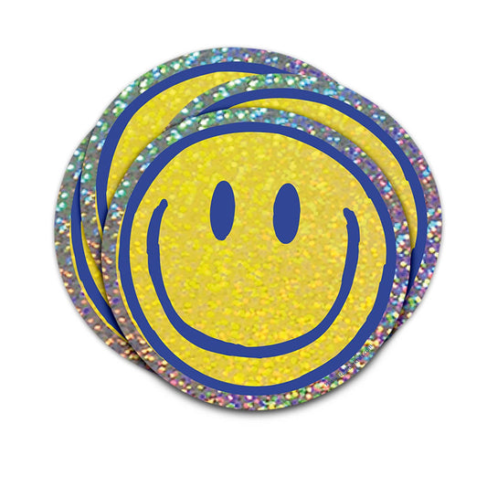 Smiley vinyl stickers (2): yellow faces, blue outlines, glitter rainbow borders.