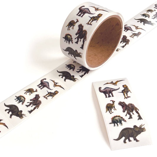 Dinosaur sticker roll with circular roll and scattered dinosaur decals on a strip