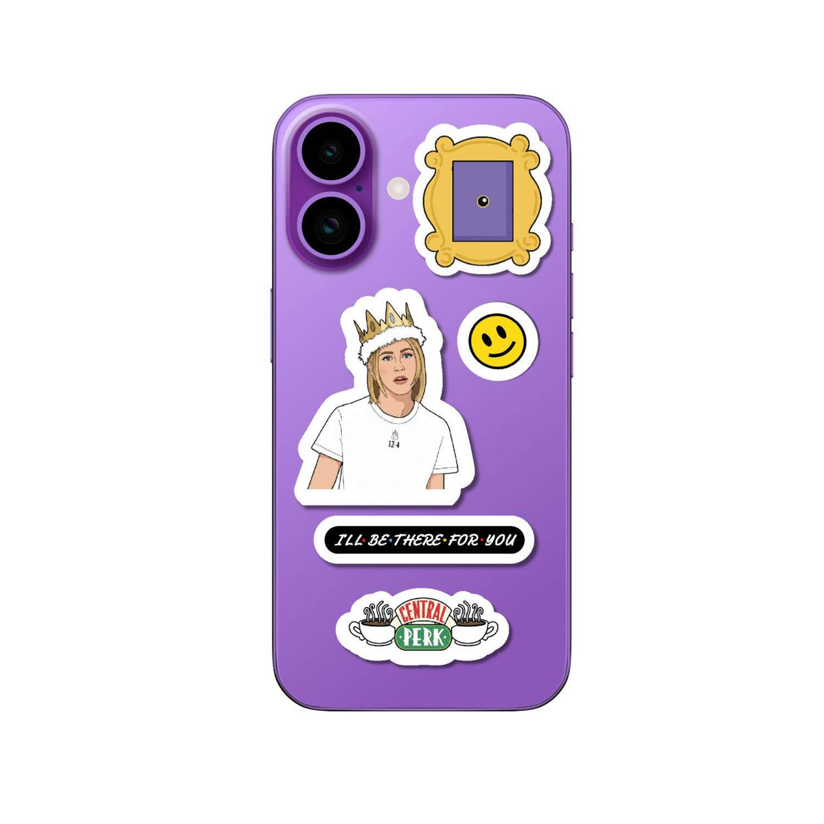 Purple phone case with applied die-cut stickers: character portrait, smile icon, quote badge