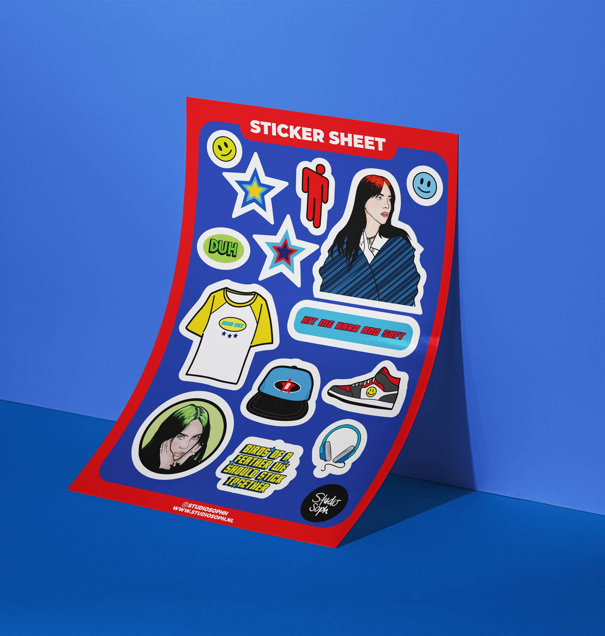 A5 sticker sheet with character and icon stickers in red-blue border