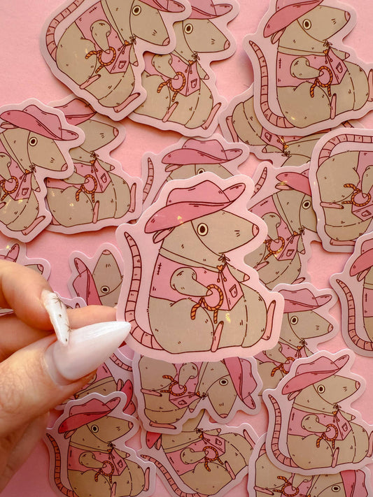 Cowboy rat vinyl sticker sheet, tan rats with pink hats and bandanas; hand holding