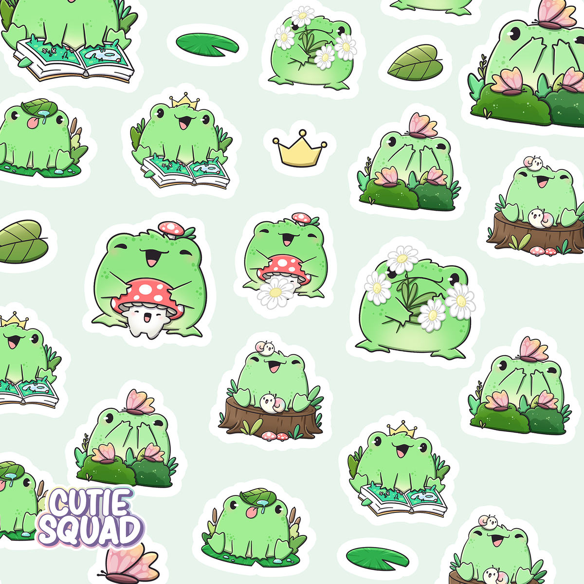 Garden frog sticker sheet close-up with green frog characters, leaves, flowers, and crowns
