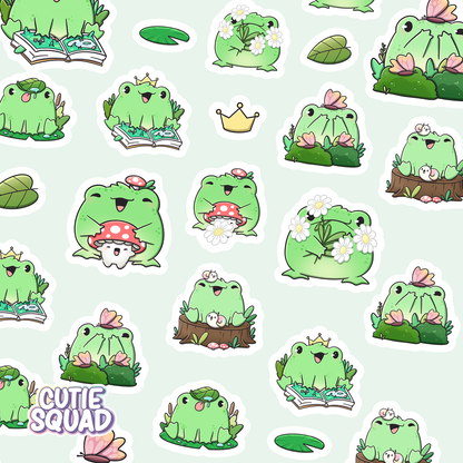Garden frog sticker sheet close-up with green frog characters, leaves, flowers, and crowns