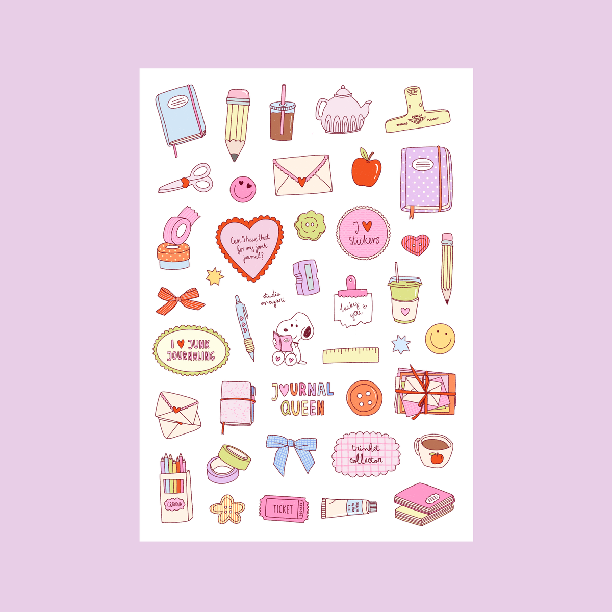 Pastel journal-themed sticker sheet with books, hearts, pencils, cups, bows, envelopes